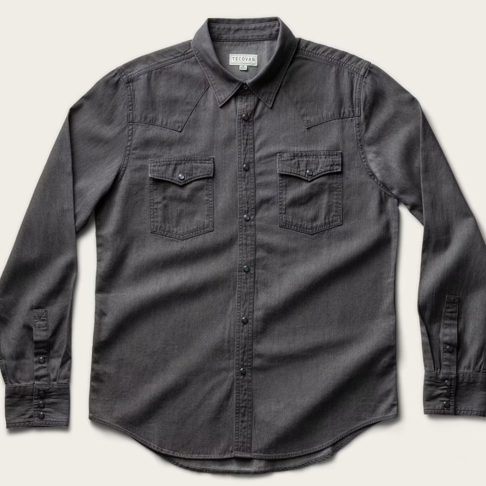 Tecovas Men's Large Gray Pearl Snap Denim Shirt